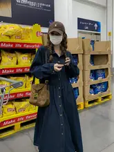 デニム長袖ワンピース【ウエストマーク・フレンチスタイル・ビンテージ感】