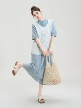 レトロチェック柄のフリル付き半袖ワンピース【刺繍・透かし編みデザイン・夏用】（セットアップ対応）