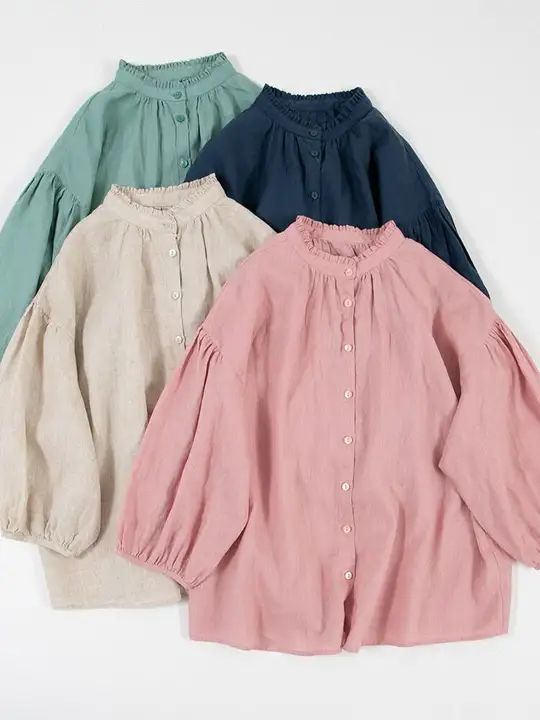 リネン使用 フリルネックのゆったりシャンブレーシャツ【春夏用・レディース・皺感】