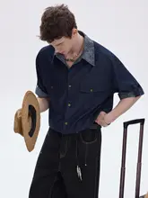 ヴィンテージ風 刺繍入り半袖デニムシャツ【ユニセックス・カジュアルデザイン・夏用】