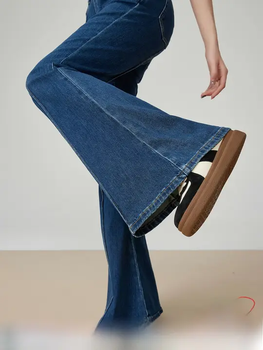 ブルー ハイウエスト スリム フレアデニムパンツ【レディース・ビンテージ風・春夏用】