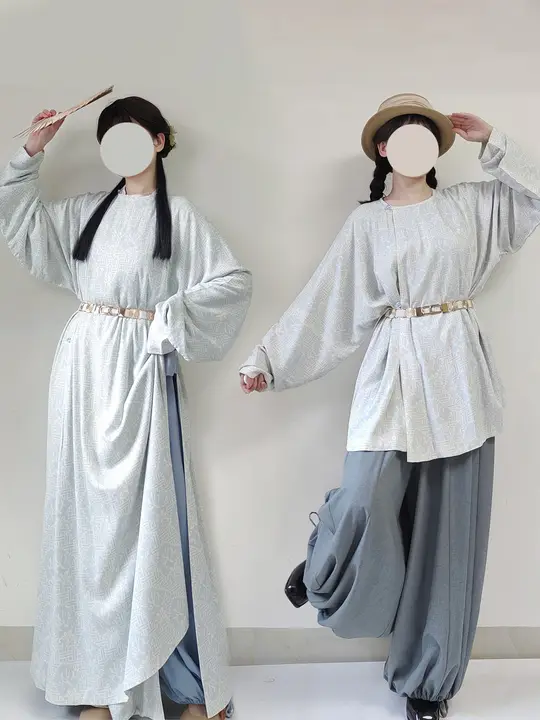 優雅なデザイン！青いテンセル素材の円首袍とランタンパンツ【日常用】