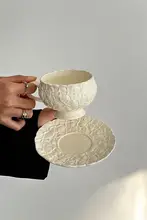 Oranges限定 レトロ白浮彫り花模様 コーヒーカップ＆ソーサー【ラテ用・ティータイムに最適】
