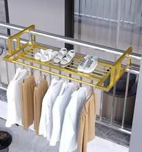 バルコニー用穴あけ不要物干しラック【伸縮式・窓外用・靴置き・防盗ネット付き】