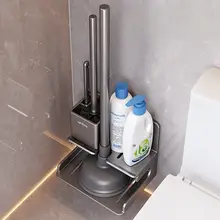 トイレ用 吸着式収納ラック【死角なし・トイレブラシ・洗面器・詰まり解消ツール】（セットアップ対応）