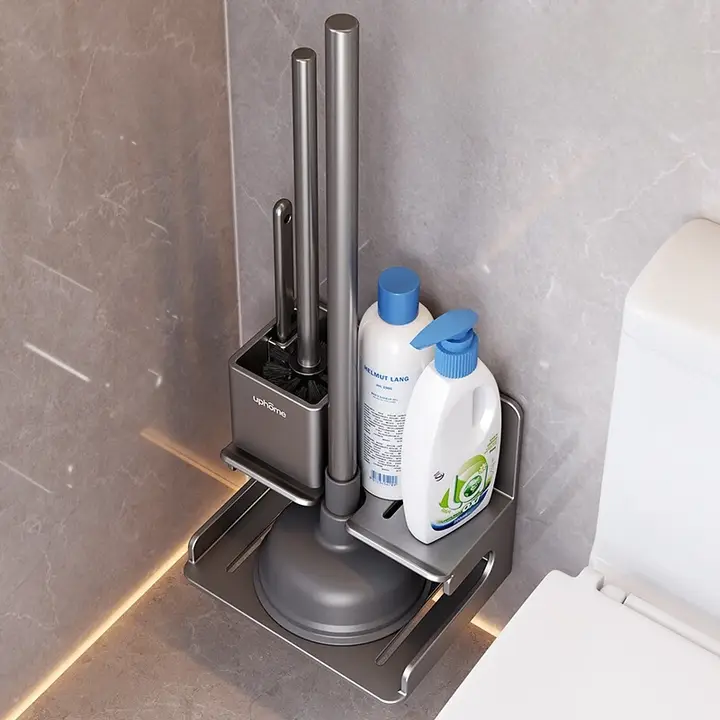 トイレ用 吸着式収納ラック【死角なし・トイレブラシ・洗面器・詰まり解消ツール】（セットアップ対応）