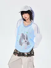可愛い犬のデザイン Vネック長袖Tシャツ【秋用・フィット・通気性・防紫外線】