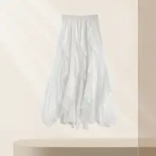 涼しげな白いシフォン半身スカート【不規則なフリル・甘美な高腰Aライン・夏用】