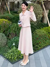 淡いピンクのエレガントな女性用スーツスカート【春用・サテン風・ハイウェスト・ウエストフリル・ウエア対応】（セットアップ対応）