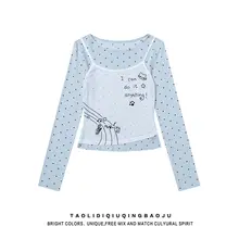 Y2K風ドット柄長袖Tシャツ【微透け・フィット感・ショート丈】（セットアップ対応）
