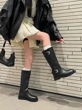 本革製のロングブーツ【女性用・春秋・粗いヒール・ラウンドトゥ・ひだデザイン】