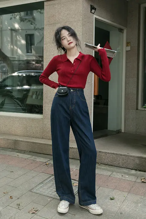 深い青のデニムパンツ【ハイウエスト・ストレート・ルーズフィット・秋冬用】