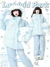 毛皮付きフリルデザイン チェック刺繍コットンジャケット【冬用・厚手・女性用】