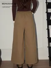 女性用 秋冬向けヴィンテージ風ストレートワイドパンツ【ハイウエスト・細見え効果】（セットアップ対応）