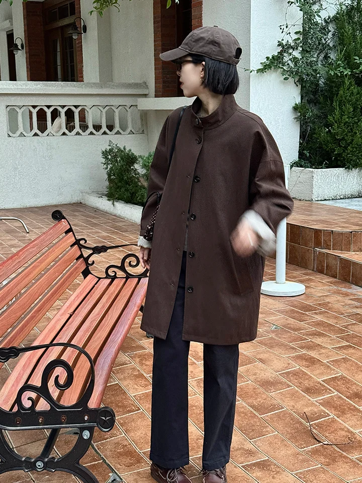 カフェブラウンのゆったり中長款トレンチコート【レディース・秋用・長袖・カジュアル】