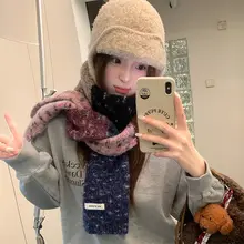 ウール混合のレトロ配色ニットスカーフ【冬用・厚手・防寒・可愛いデザイン】