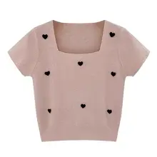 立体ハートデザインのスクエアネック短袖ニットトップス【女性用・個性的・春夏向け】