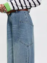 高腰 大口袋 ワイドレッグデニムパンツ【洗い加工・立体カット・女性用】