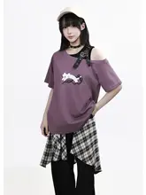 夏にぴったり！斜め肩デザインの短袖トップス【ビビッドなパープル・グレー】と不規則なロングパンツ【チェック柄・ウエストベルト付き】（セットアップ対応）