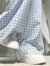 高身長向けのロングバージョン 青いチェック柄カジュアルパンツ【アメリカンスタイル・ゆったりストレート・ワイドレッグ】（セットアップ対応）