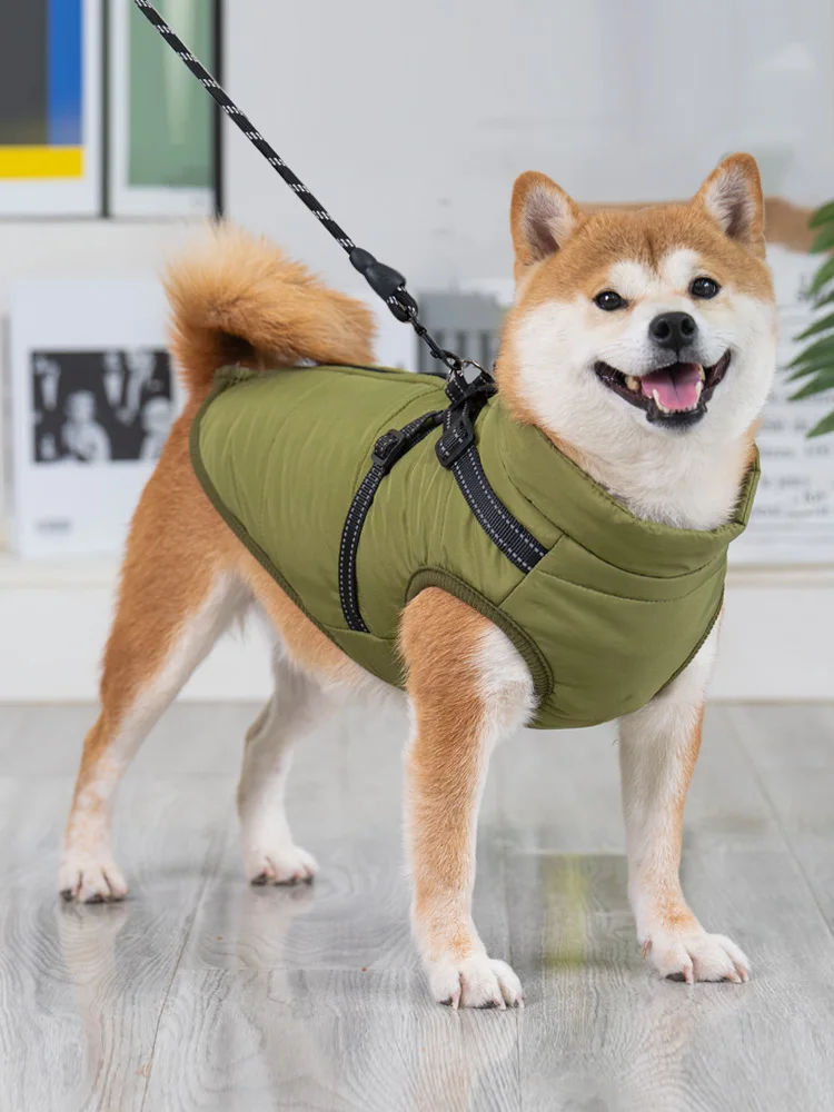 柴犬用秋冬棉衣：牽引可能な中綿ジャケットでアウトドア活動をサポート
