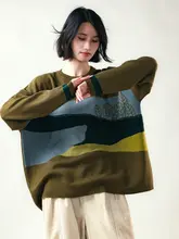 デザイナーによる配色ニットセーター【丸首・長袖・ウール混・秋用】