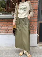 ミルクホワイト工装PUレザー中長丈タイトスカート【大きなポケット付き・スリム効果】