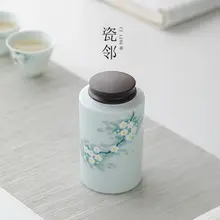 手描き春雪デザインの陶器製茶葉保存容器【小サイズ・密閉タイプ】