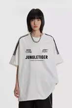 米国風 森の虎デザイン メンズレーシングTシャツ【ホワイト・3本ライン・純綿・半袖】