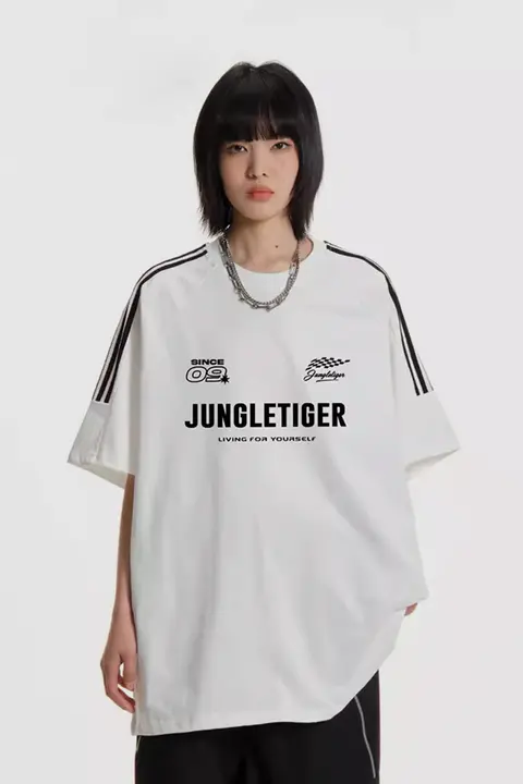 米国風 森の虎デザイン メンズレーシングTシャツ【ホワイト・3本ライン・純綿・半袖】