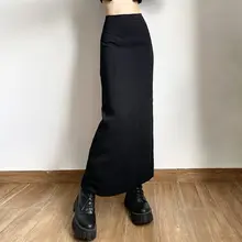 高腰デザインの黒いスリット入りミディ丈タイトスカート【シンプル・Aライン】（セットアップ対応）