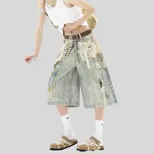 3Dプリントデザインのレースとパール使い七分丈デニムパンツ【男性用・夏向け・フィット・ワイドレッグ】