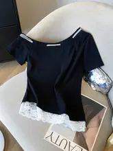 デザイン性のある肩出しTシャツ【レー  スパッチワーク・女性用・夏向け】