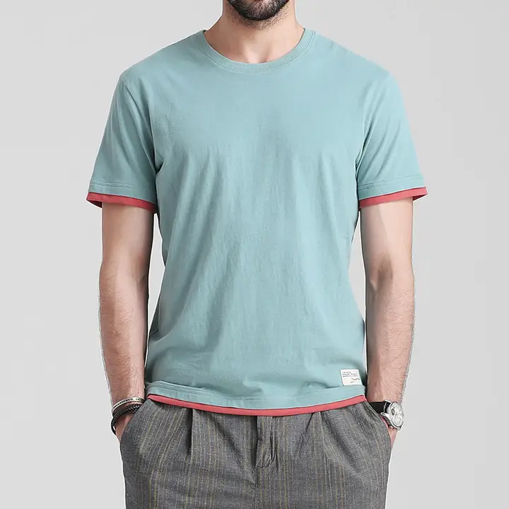 メンズ半袖Tシャツ【コットン・ラウンドネック・フロントレイヤードデザイン・カジュアル】（セットアップ対応）