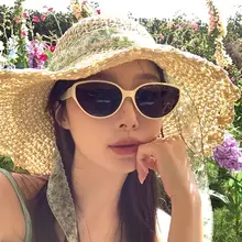 フラワーレース付き 日除け編み草帽【夏用・ビーチリゾート・UVカット】