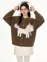 ニットカーディガン レディース 刺繍 ポニーモチーフ コーヒー ヴィンテージ きれいめ 上品 おしゃれ 韓流 お正月 迎春 春秋