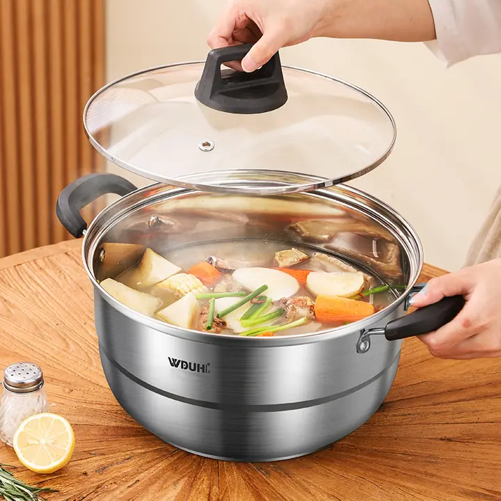 ステンレス製厚手鍋【蓋付き・両手取っ手・家庭用・IH・ガスコンロ対応】