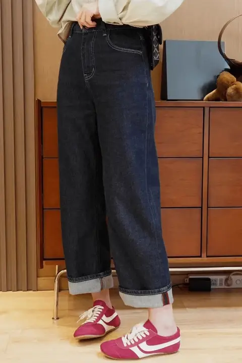 デニムブルーのワイドレッグジーンズ【ハイウエスト・レトロスタイル・梨型体型に最適】