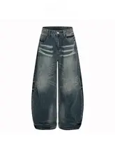 ワイドデニム ユニセックス アメカジ ヴィンテージ ウォッシュ加工 ヒゲ加工 アークシルエット 着回し トレンド ストリート「FREE CENTER」