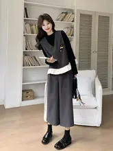 韓国風アカデミックスタイルの女性用コーディネート【高級感あるベスト・タンクトップ・ワイドパンツ・春秋向け】（セットアップ対応）