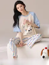 猫デザインのコットン製夏用パジャマ【短袖・ロングパンツ・胸パッド付き・外出可】（セットアップ対応）