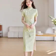 夏用シルクサテンの改良型チャイナドレス【高級感あるデザイン・女性用】