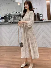 フラワープリントのレディースロングドレス【ウエストシェイプ・シフォン・春秋向け】（セットアップ対応  ）