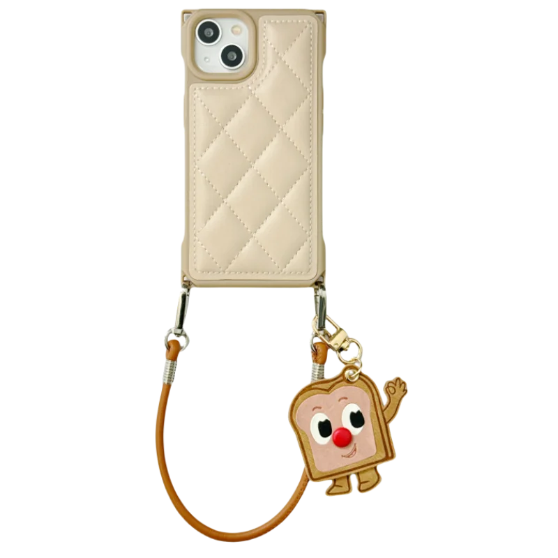 レトロダイヤモンドパターンのトーストチャーム付きiPhoneケース【適用機種：iPhone 15 Pro Max・iPhone 14 Pro・iPhone 13 Pro Max・iPhone 12 Pro】【カーキ】
