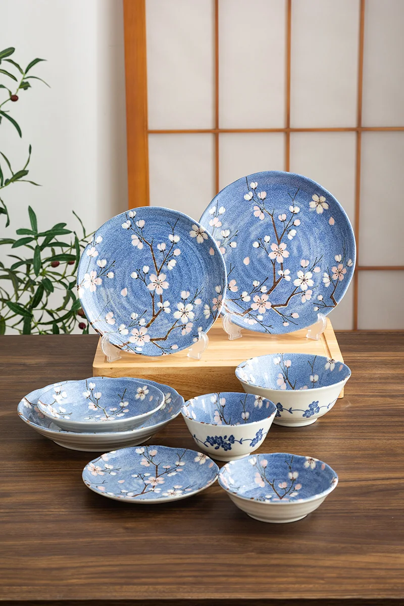日本製 ブルー桜デザイン 陶器製食器セット【家庭用・ご飯茶碗・大皿・麺鉢】