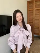 ピンクのリボン付きストライプシャツ【春・長袖・通勤対応】