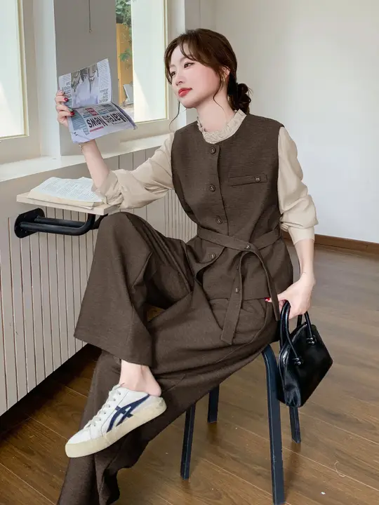 ベスト ワイドパンツ 3点セット レディース ブラウン きれいめ 上品 オフィスカジュアル 初秋