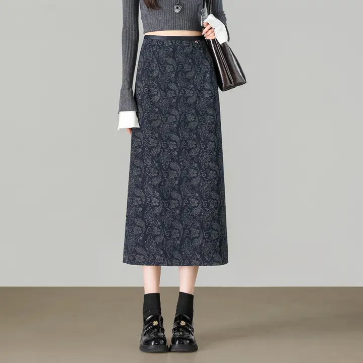 高腰デザインのウール生地ストレートスカート【花柄・中長丈・秋冬用】（セットアップ対応）