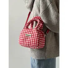 赤いチェック柄クリスマスデザインのプラッシュ手提げショルダーバッグ【可愛い・斜め掛け対応】