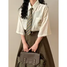 夏用レトロ学院風刺繍入りボタンシャツ【カジュアル・ショートスリーブ・リボン付き】